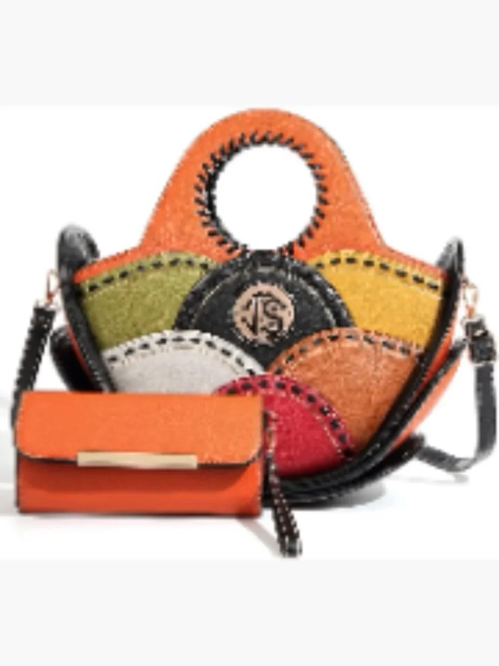 Faux Leather Multicolor Patchwork Handbag Set with Matching Wallet Shoulder